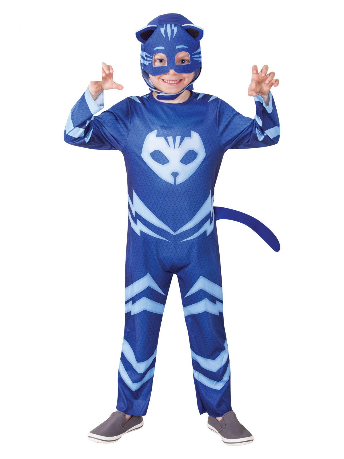 Boy in a blue PJ Masks Catboy printed jumpsuit with tail and cat-ear headpiece