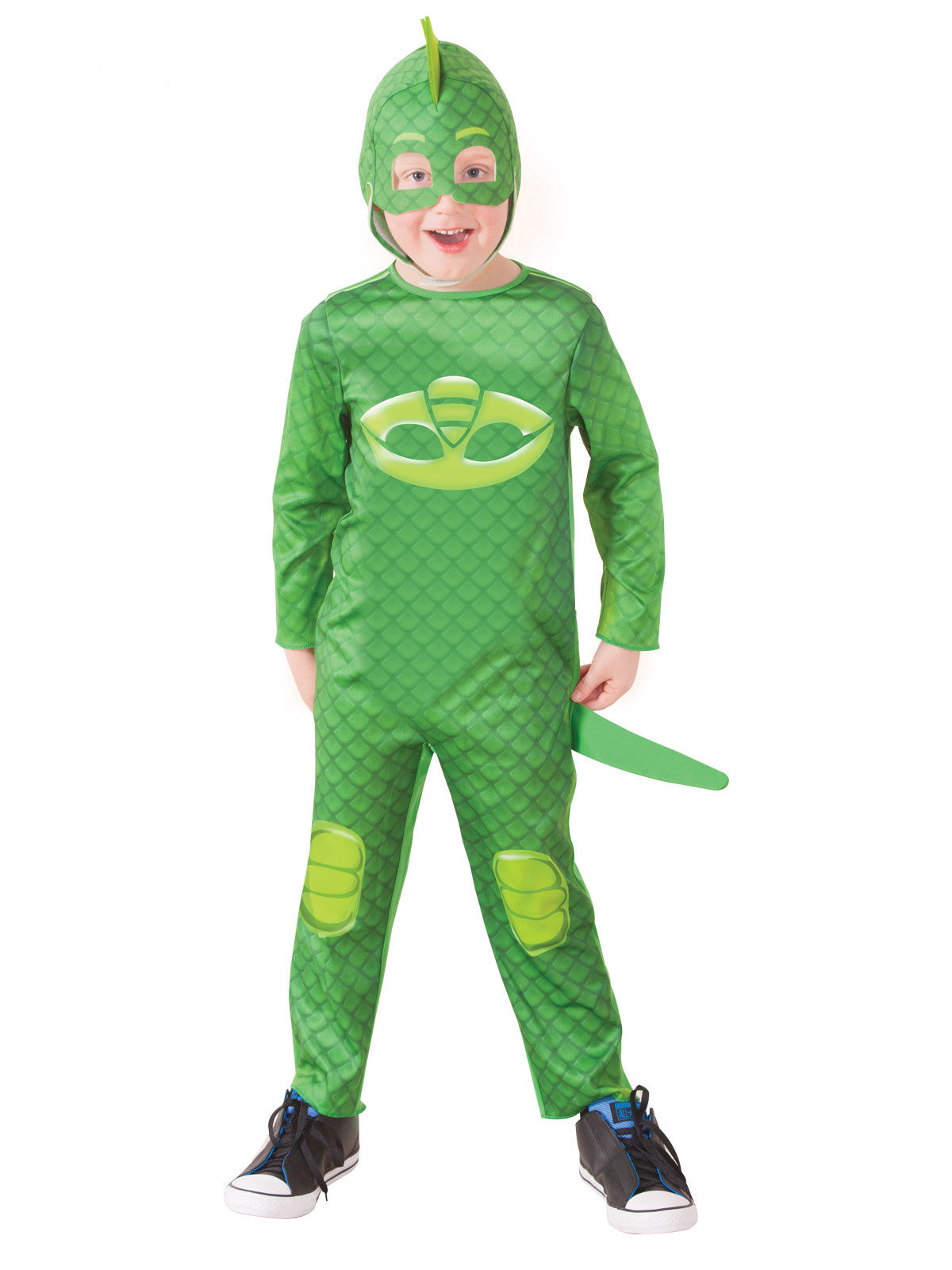 Boy in a green PJ Masks Gekko printed jumpsuit with tail and finned headpiece
