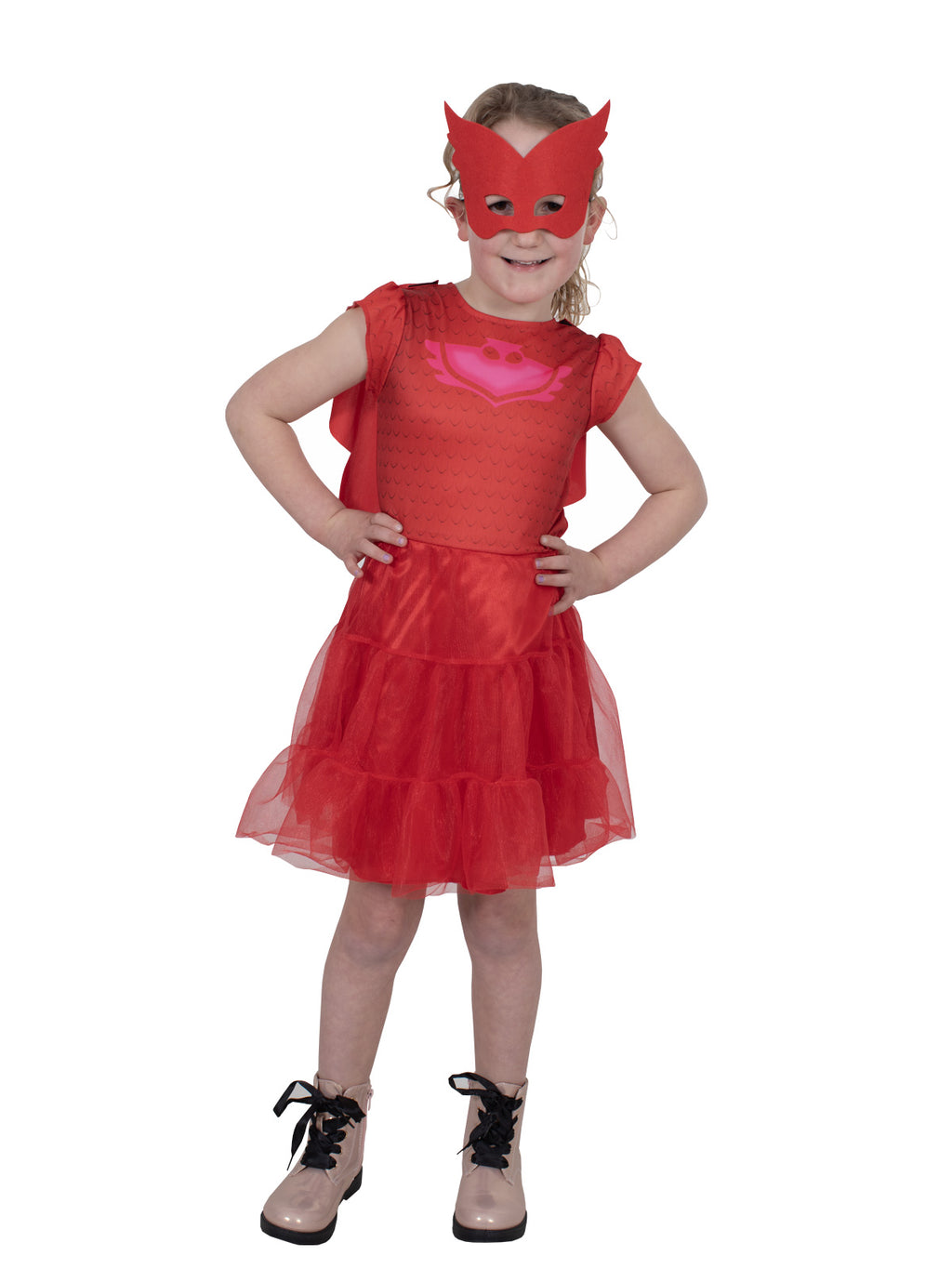 Girl with hands on hips in the PJ Masks Owlette dress, layered tulle skirt and mask