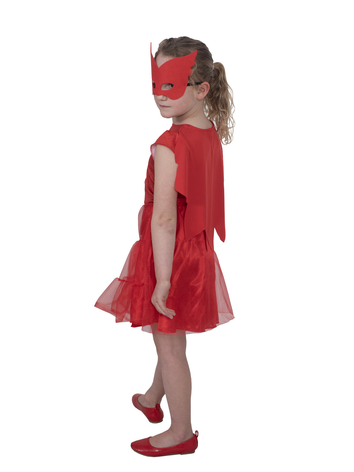 Side view of the Owlette red tutu dress with scalloped cape and eye mask