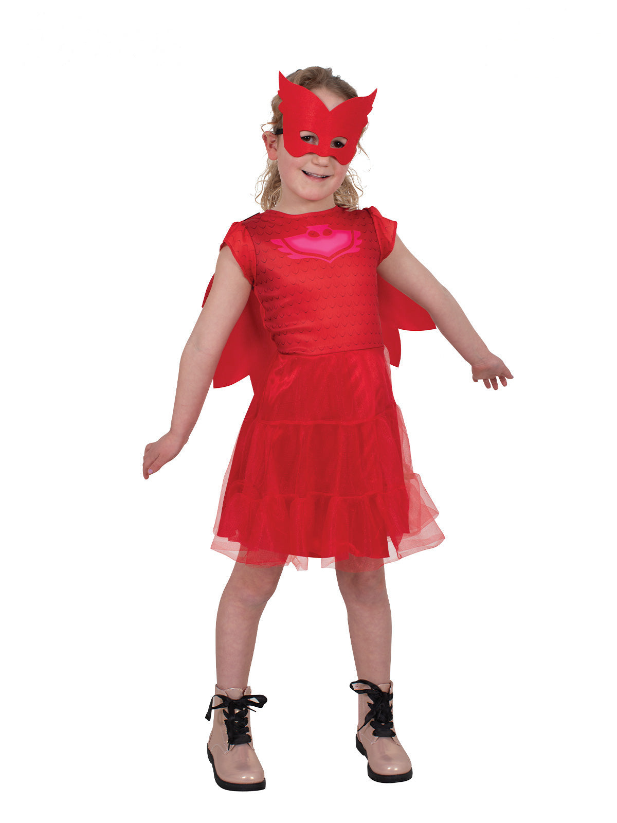 Girl in the PJ Masks Owlette red tutu dress with owl emblem, short cape and red eye mask