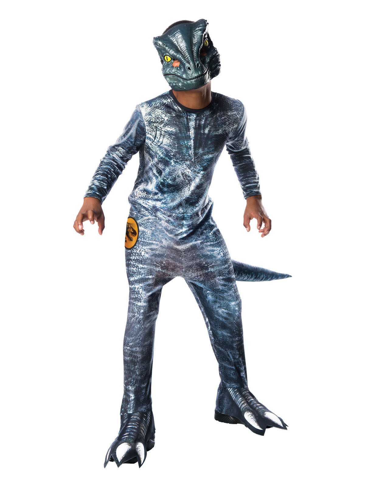 Child in a blue-grey Velociraptor Blue jumpsuit with scale fabric, stuffable tail, clawed feet covers and mask