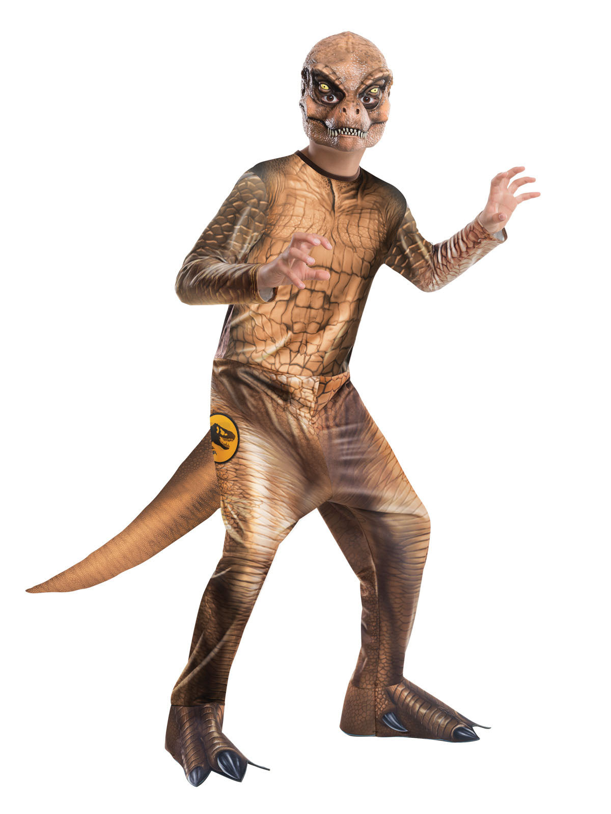 Child in a deluxe T-Rex jumpsuit with scale-like fabric, stuffable tail, dinosaur feet covers and moulded mask