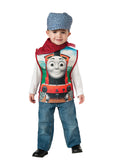 Toddler in the Thomas & Friends James the Red Engine tabard with a red neckerchief and engineer's cap