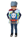 Child wearing a Thomas the Tank Engine printed foam tunic, red neck scarf and train conductor hat