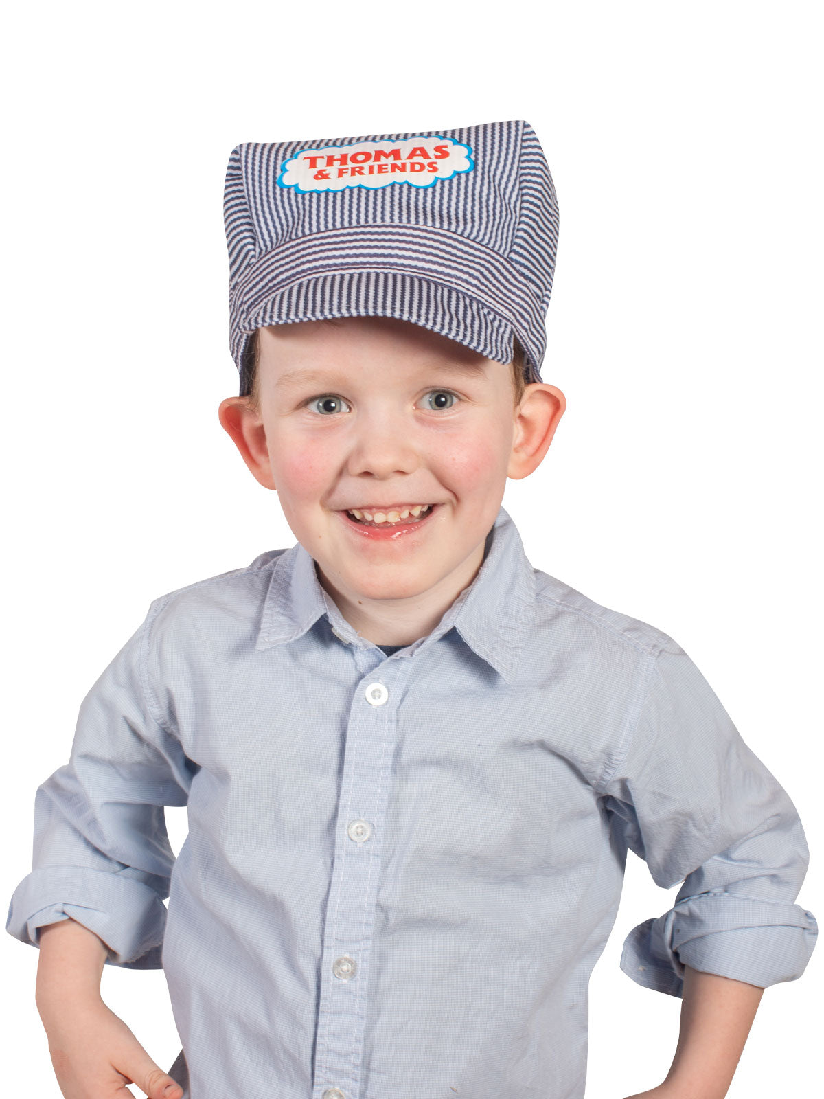 Boy wearing the blue and white striped Thomas the Tank Engine driver's hat