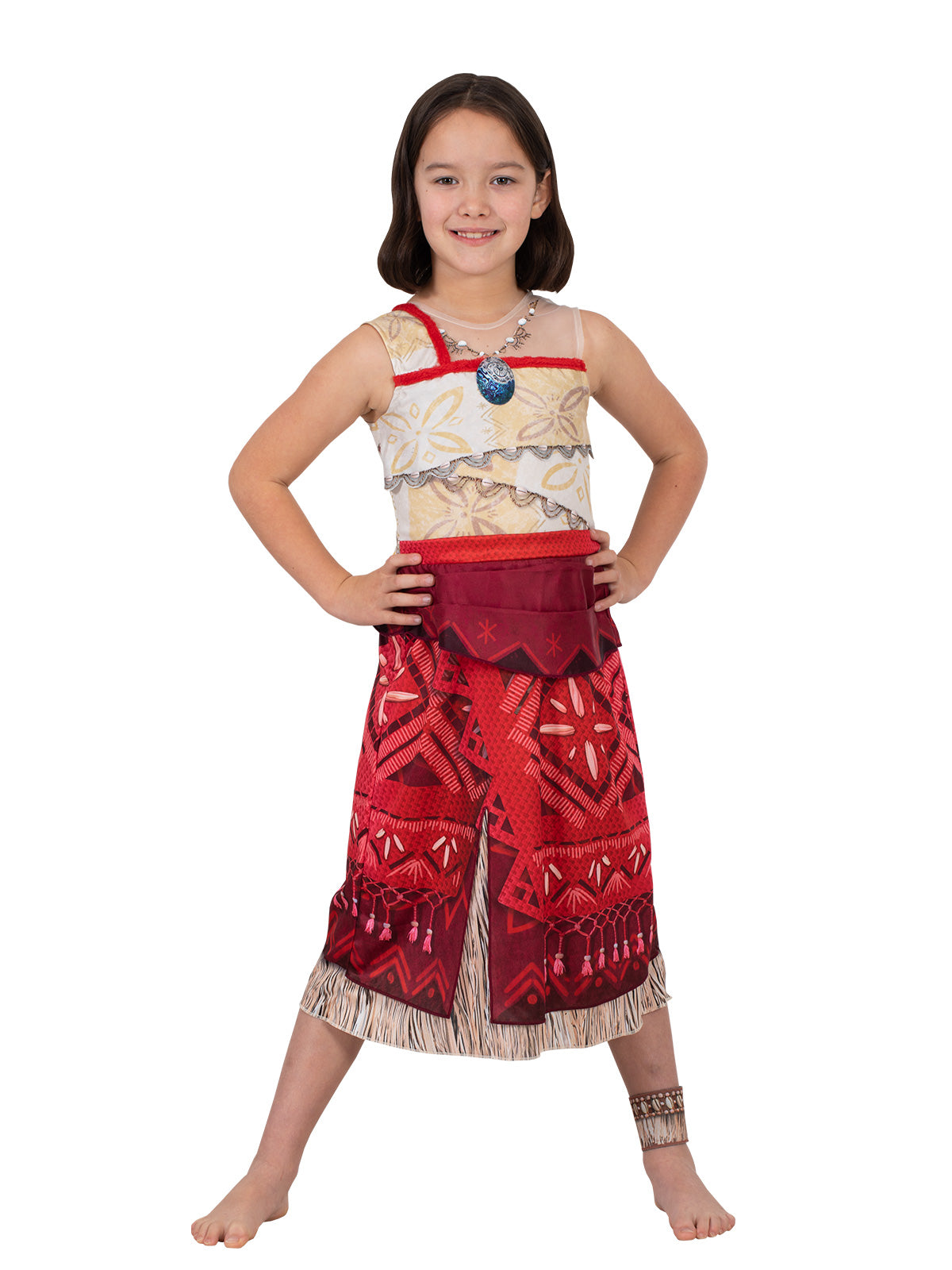 Front view of the Moana Deluxe dress showing the side-slit skirt and printed pendant on mesh