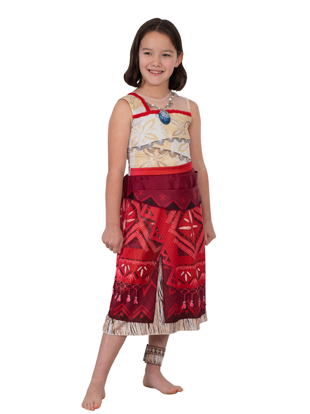 Girl in a three-quarter pose wearing the Moana Deluxe cream top and red side-slit skirt