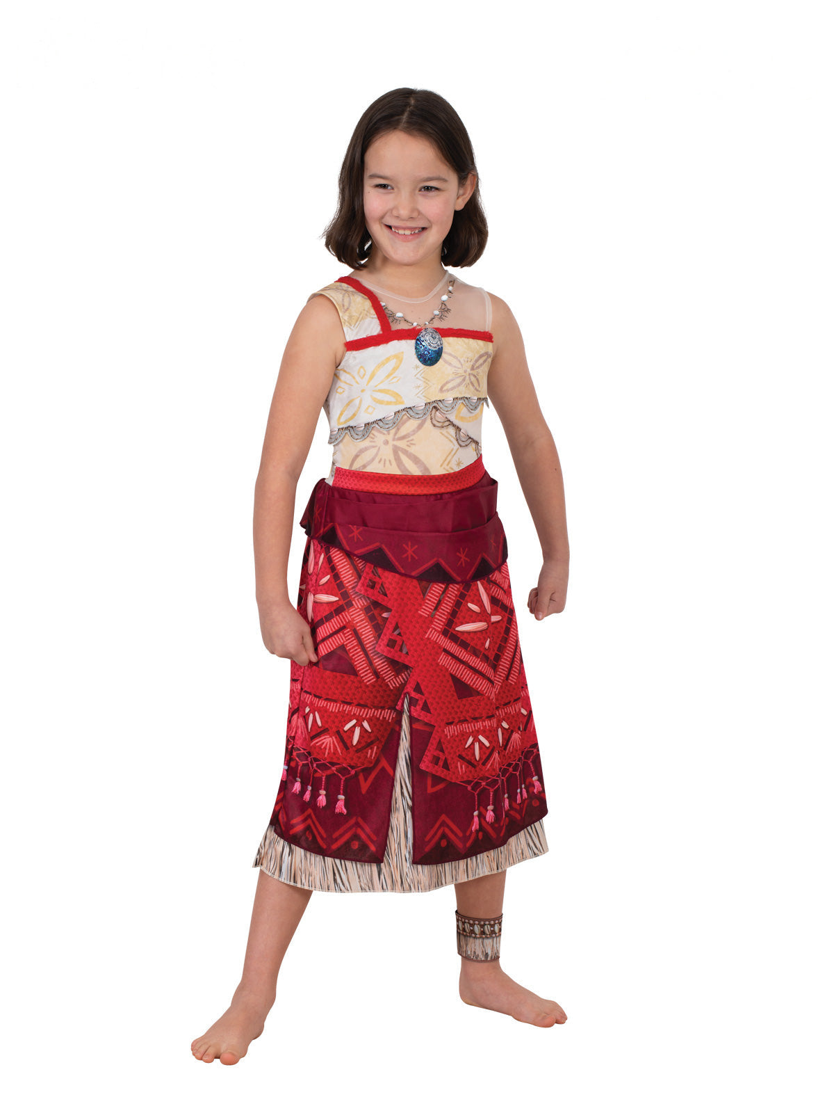 Girl in the Disney Moana Deluxe dress with a cream printed top, pendant necklace and red layered skirt