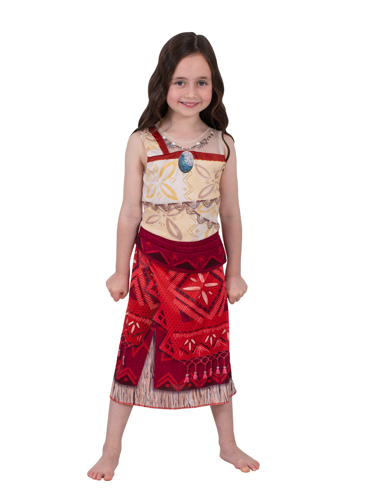 Girl standing in the Moana dress with a tan printed top half and red apron-style skirt