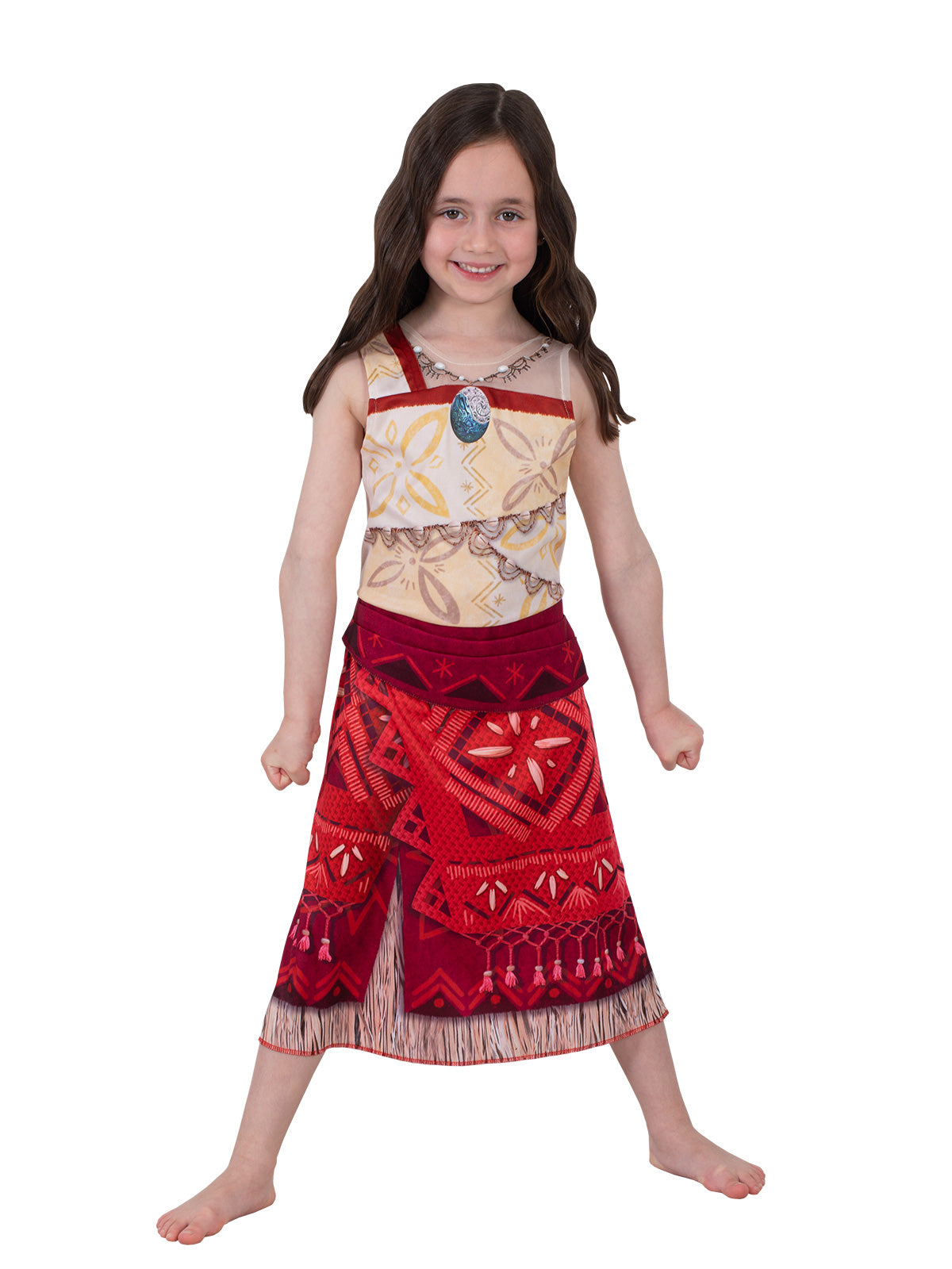 Front view of the Moana dress with printed pendant necklace and red skirt with side slit