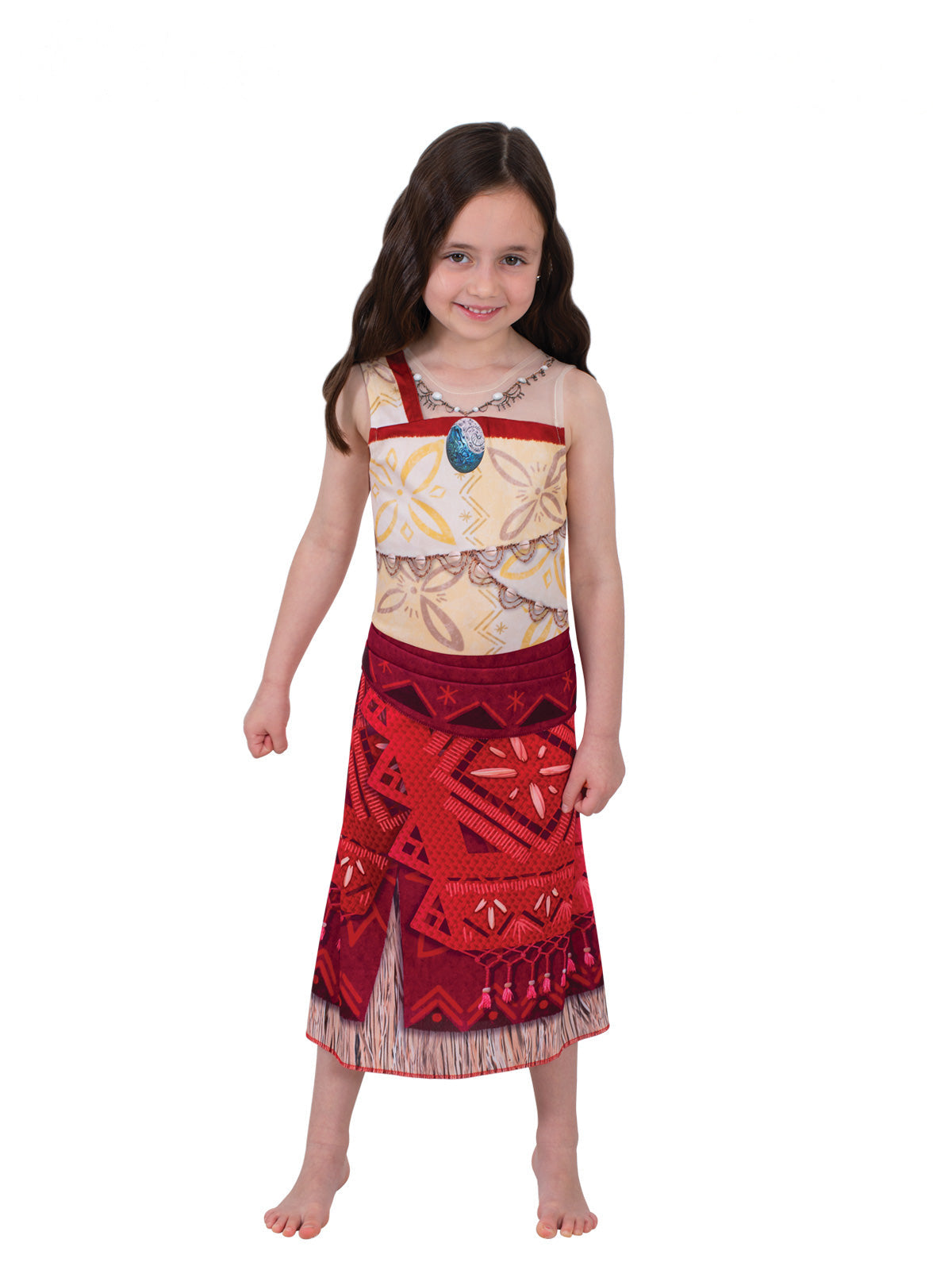 Girl in the Disney Moana dress with a cream Polynesian-print bodice, printed necklace and red skirt
