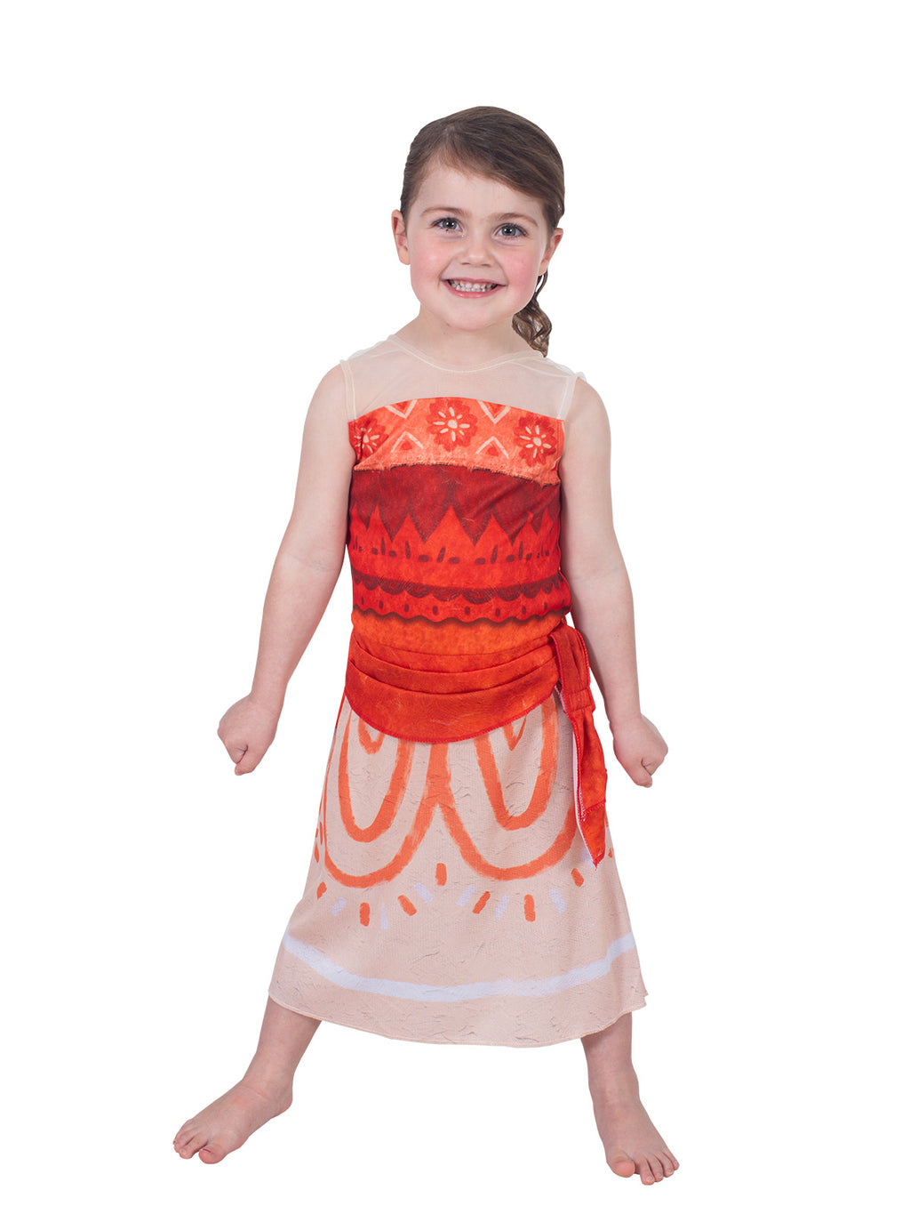 Toddler smiling in the Moana toddler dress with orange Polynesian print and cream skirt