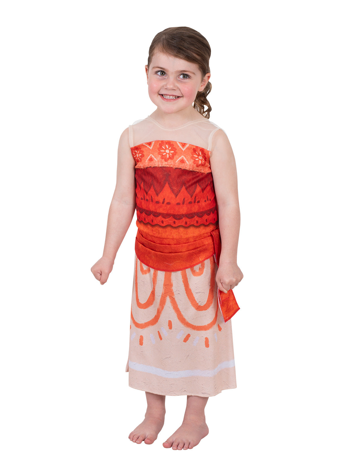 Toddler in the Moana toddler dress showing the side waist tie on the orange and cream dress