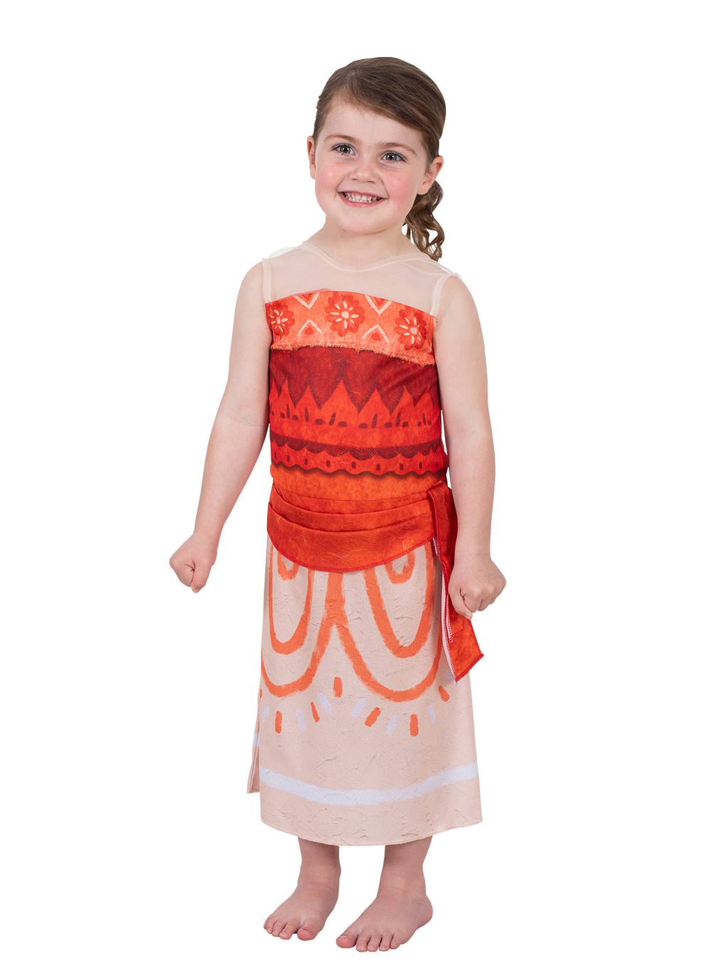 Toddler standing in the Moana toddler dress with red and orange top and long cream skirt