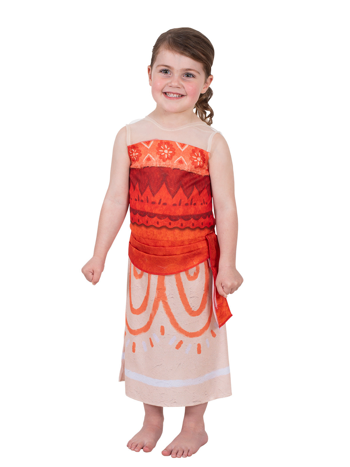 Toddler standing in the Moana toddler dress with red and orange top and long cream skirt