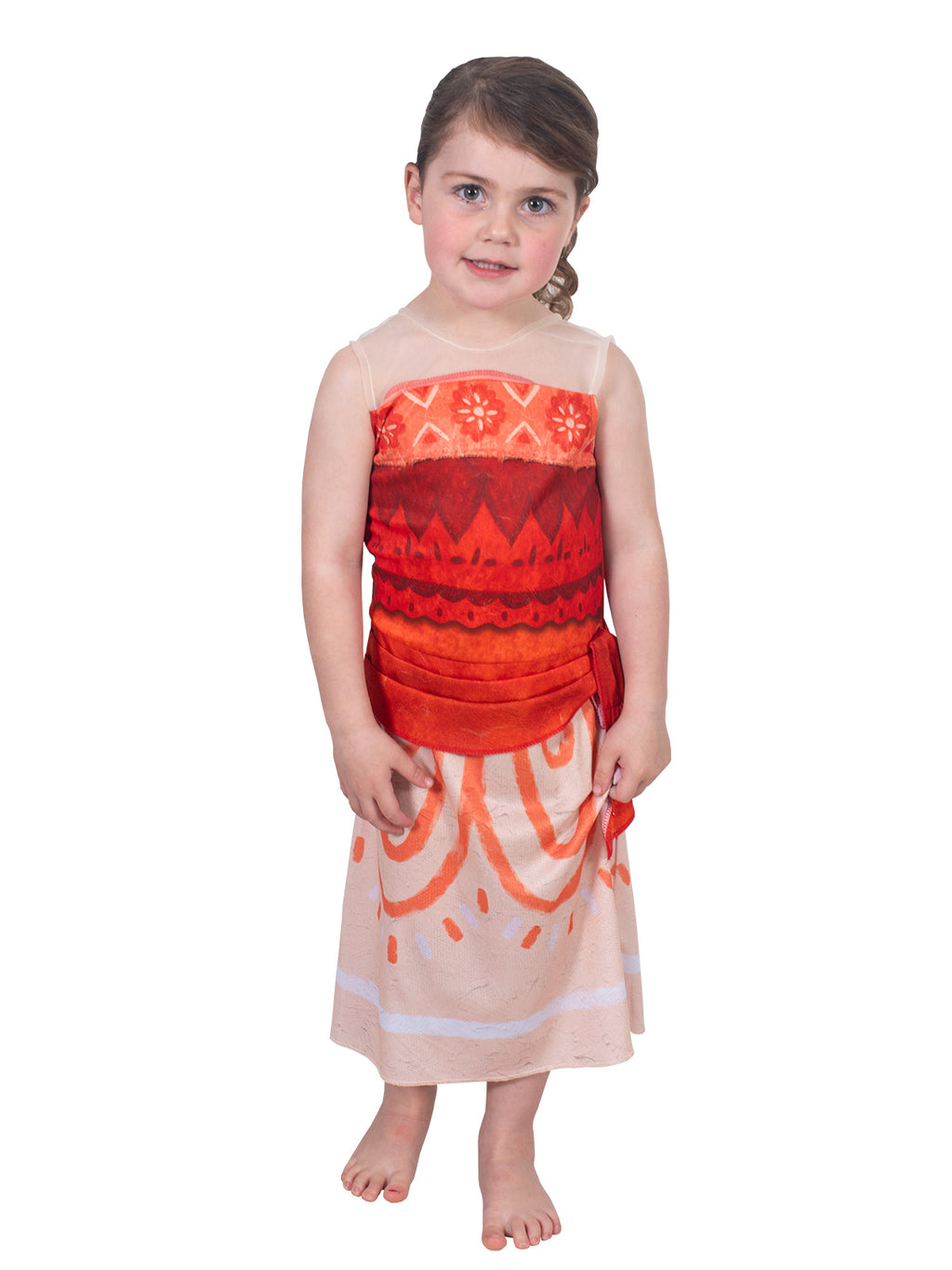 Toddler in the orange and cream Moana toddler dress with mesh neckline straps