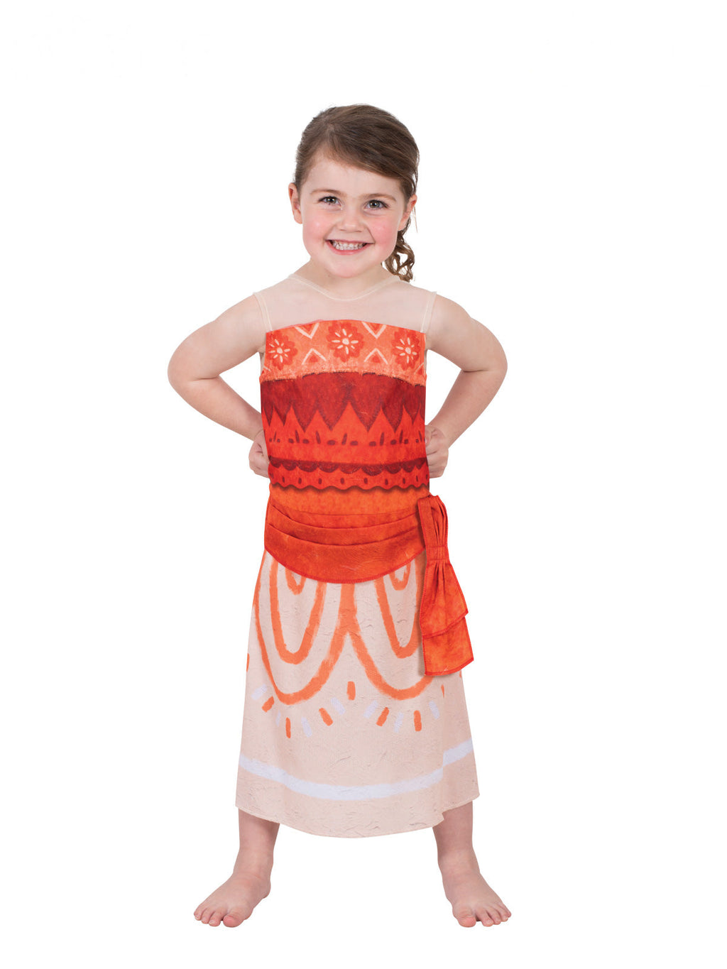 Toddler in the Disney Moana toddler dress with an orange and red printed bodice, waist tie and cream skirt