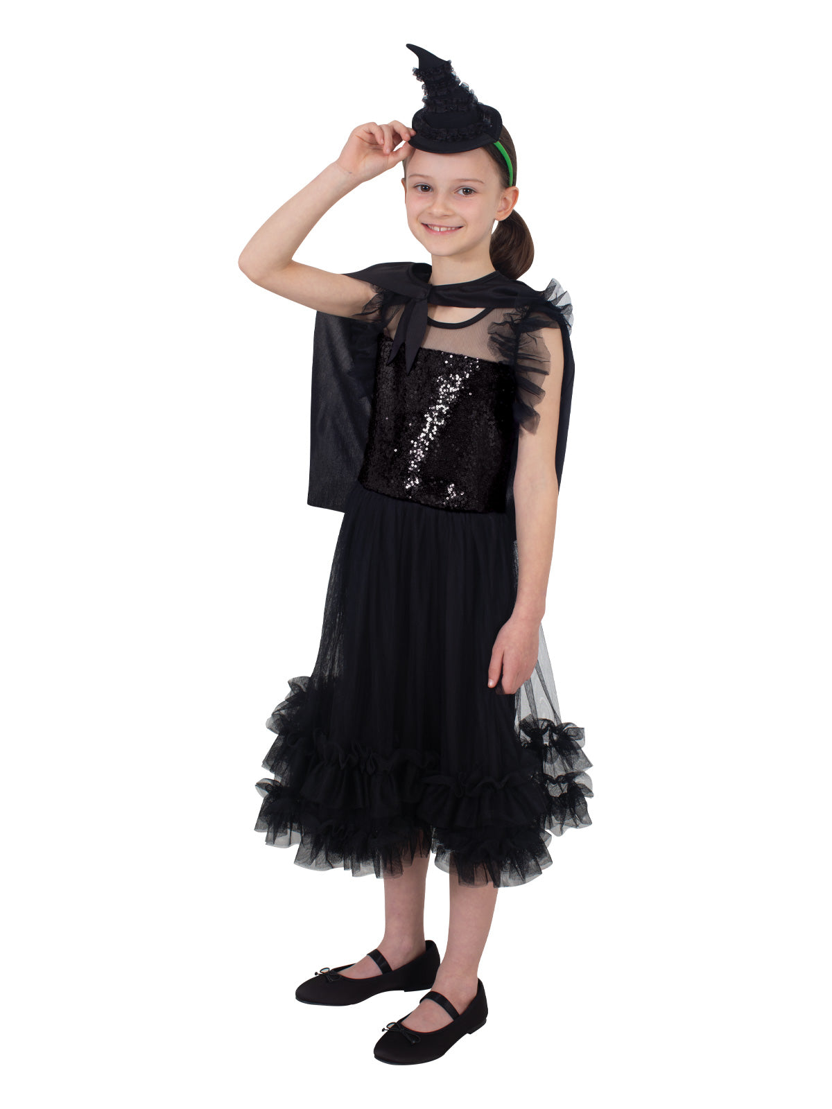Close view of the Elphaba dress with a sequin-print bodice, mini cape and bent witch hat