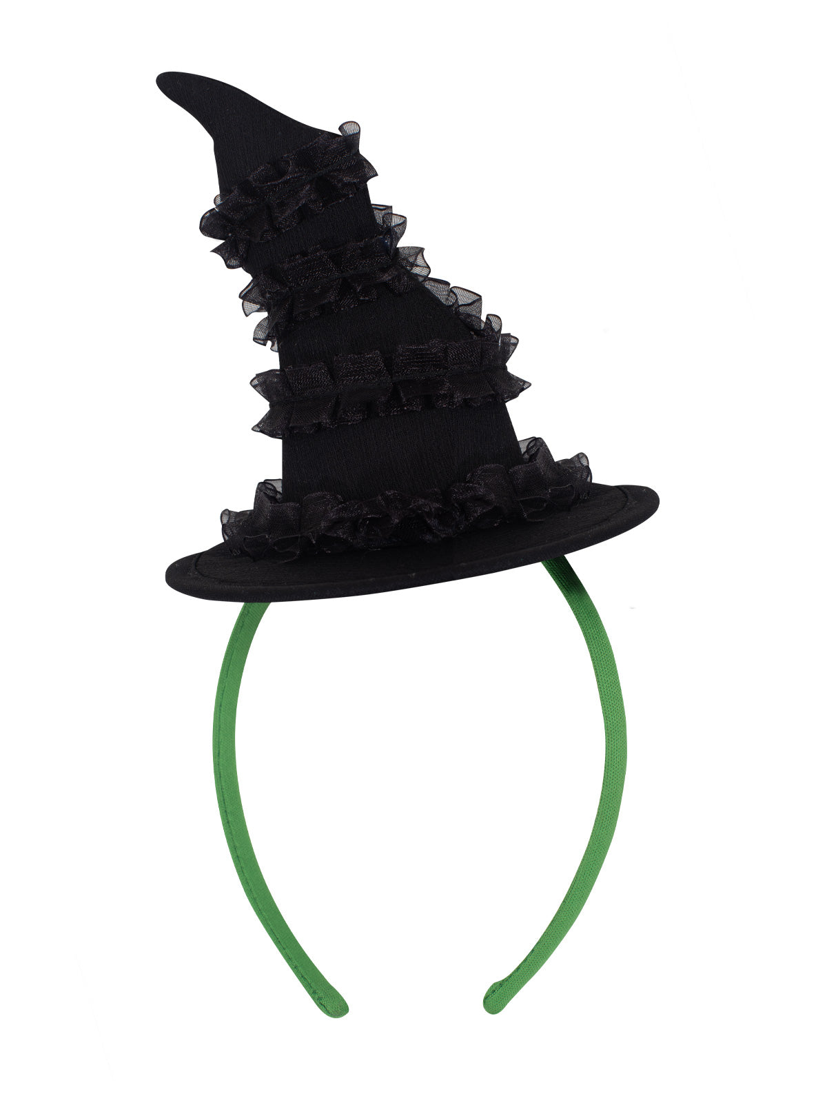 Green headband with a bent, fibre-filled black witch hat with frilly layers