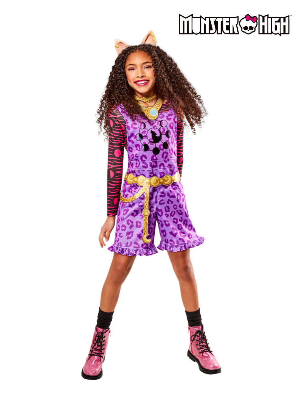 Clawdeen Wolf playsuit with purple leopard print, gold belt, necklace and werewolf ears headband