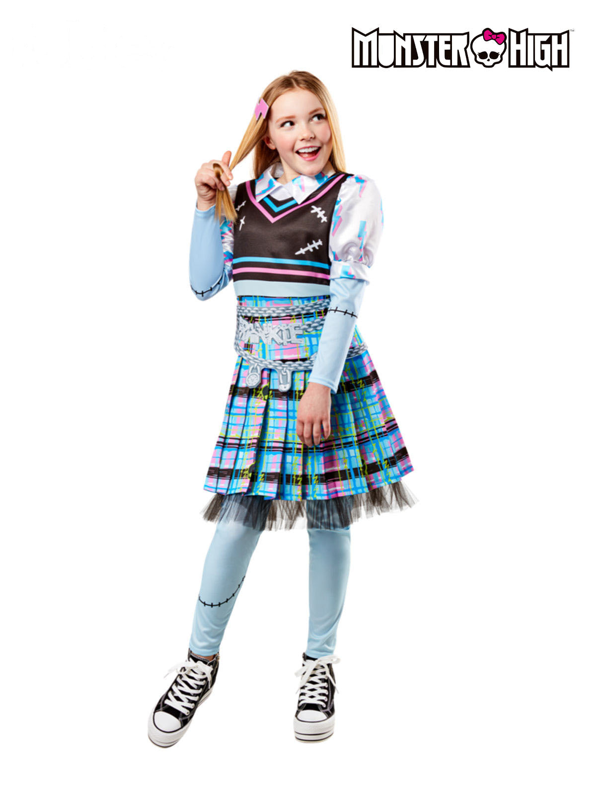 Girl in a Frankie Stein Monster High deluxe dress with stitch-print leggings and name belt (wig sold separately)
