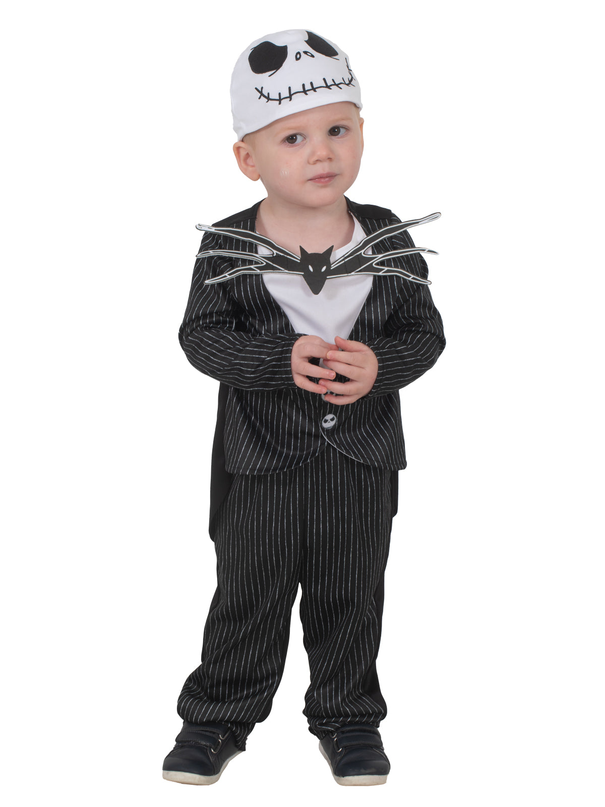 Front view of the Jack Skellington toddler suit with the skull-button vest and cat-face bow tie
