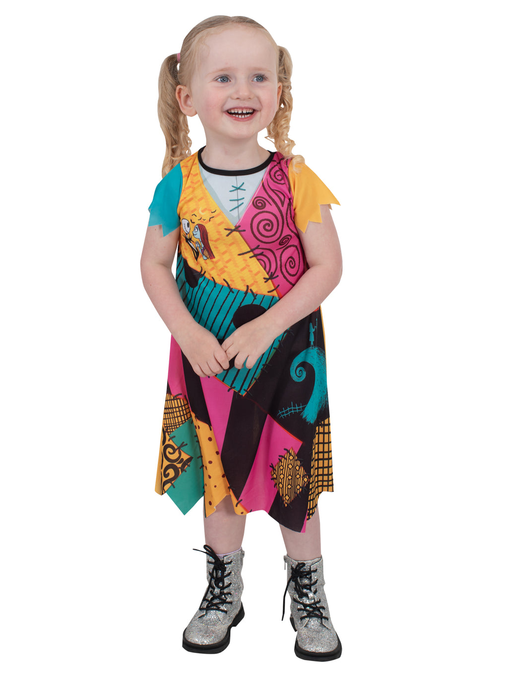 Front view of the toddler Sally dress with stitched patchwork print and Jack and Sally art at the chest