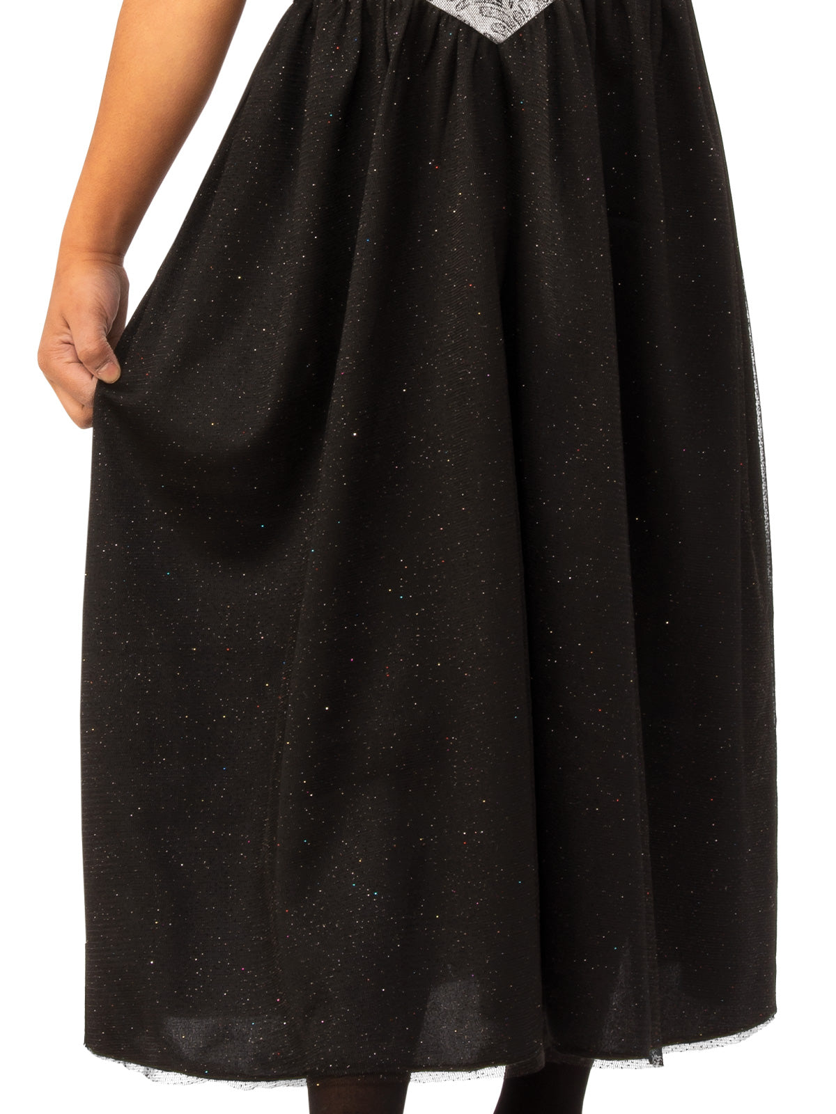 Close-up of the black witch dress's long glittery black skirt