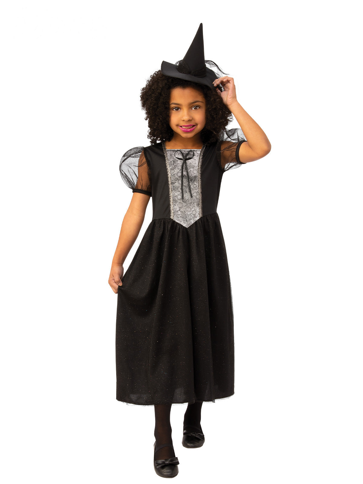 Girl posing in the black witch dress with silver bodice insert and sheer capped sleeves