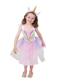 Girl wearing a pastel unicorn dress with rainbow skirt overlay, gold trims and gold unicorn horn headpiece