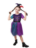 Girl in the Harlequin Jester costume with a purple diamond-print dress, tulle skirt and jester hat headband