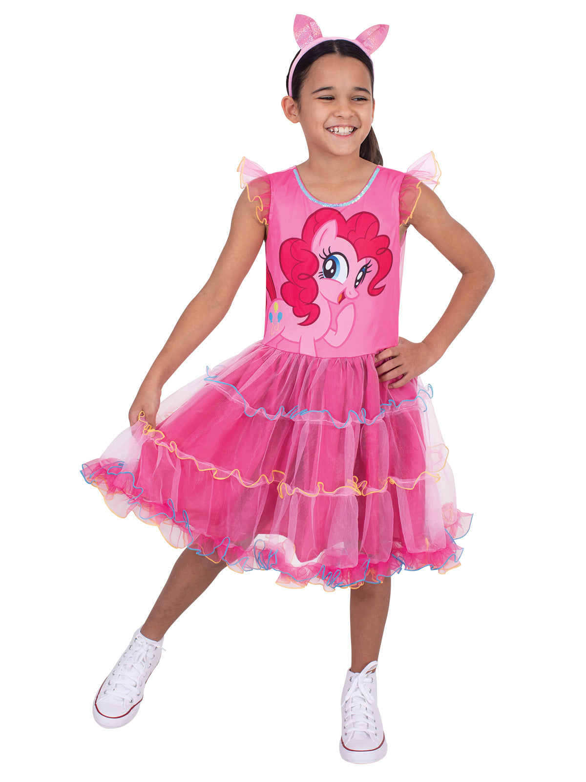 Girl twirling in the pink Pinkie Pie tutu skirt with tulle sleeves and character bodice