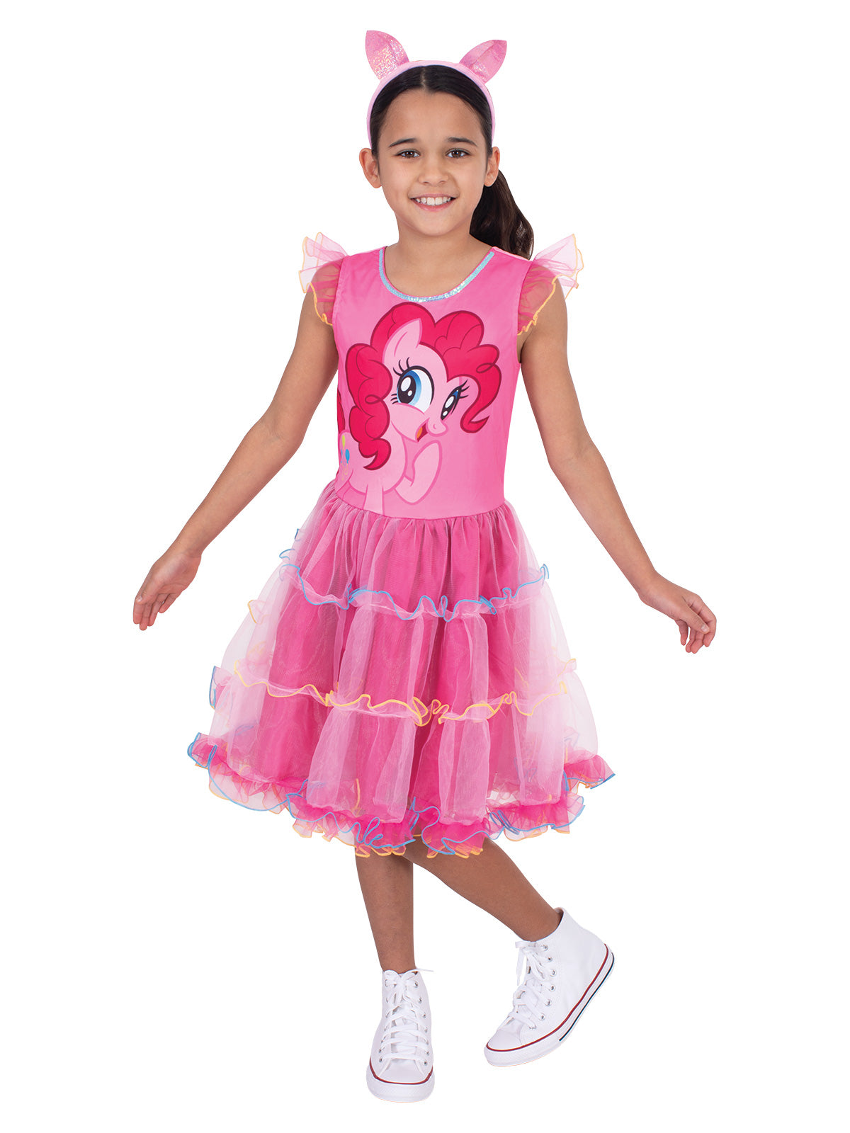 Girl in the Pinkie Pie dress with layered pink tulle skirt and satin pink pony ears