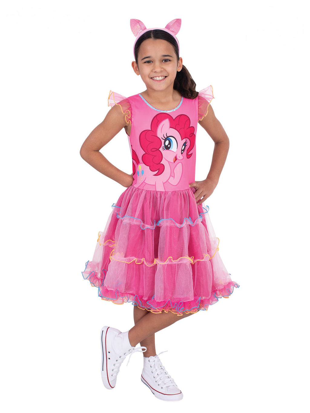 Front view of the Pinkie Pie pony dress with character art on the bodice and tulle sleeves