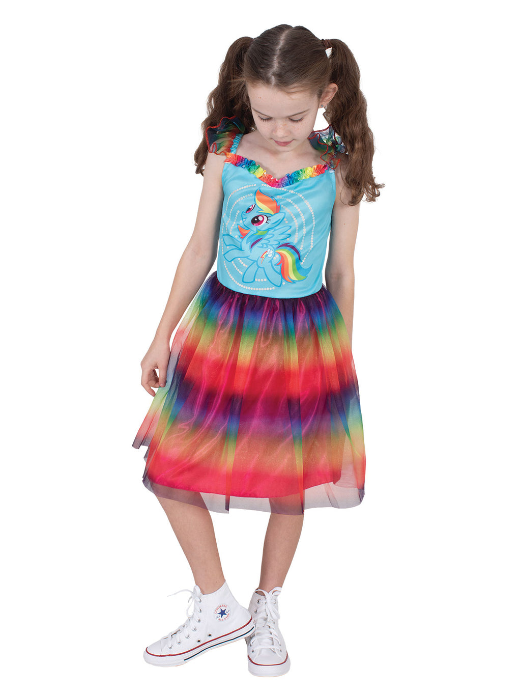 Girl with a hand on her hip in the blue and rainbow Rainbow Dash dress