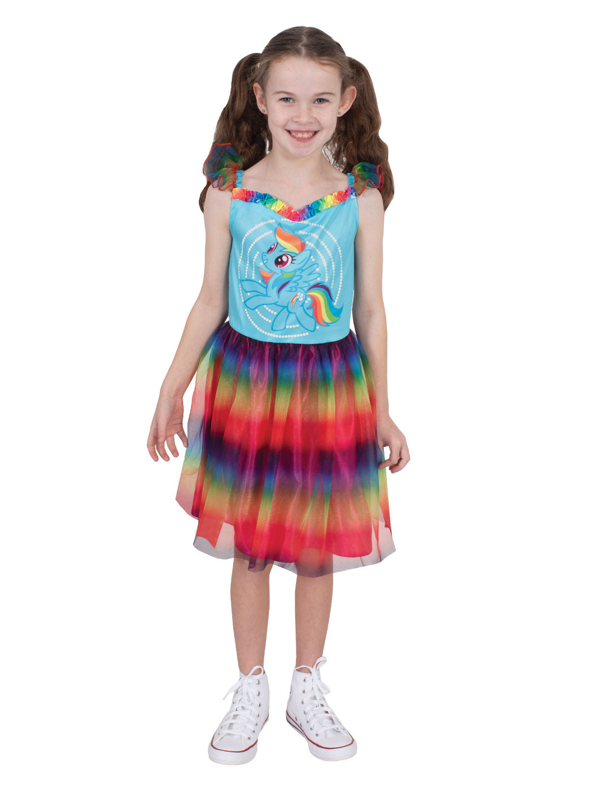 Girl in the Rainbow Dash dress with ruffled shoulder straps and layered rainbow skirt