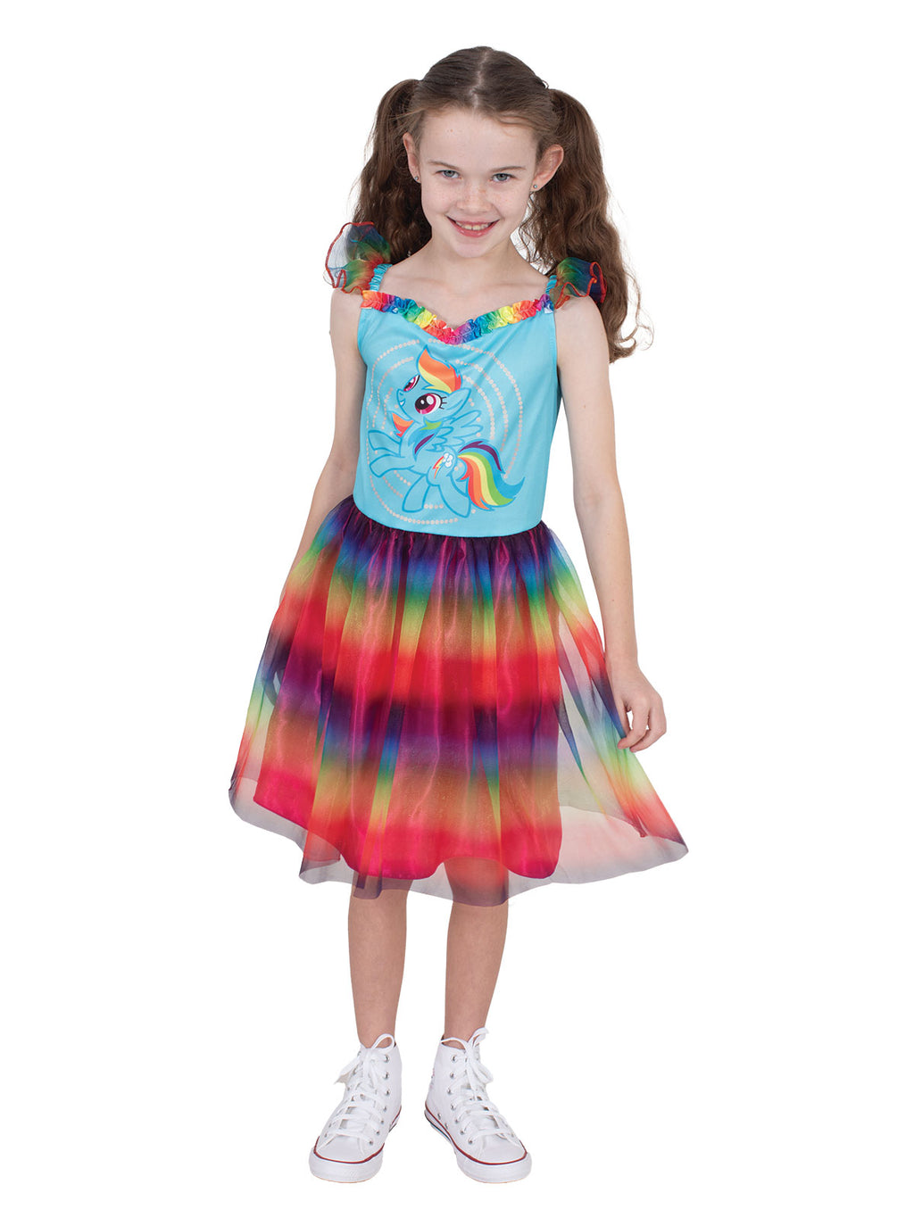 Girl twirling in the Rainbow Dash dress with rainbow satin and tulle layered skirt