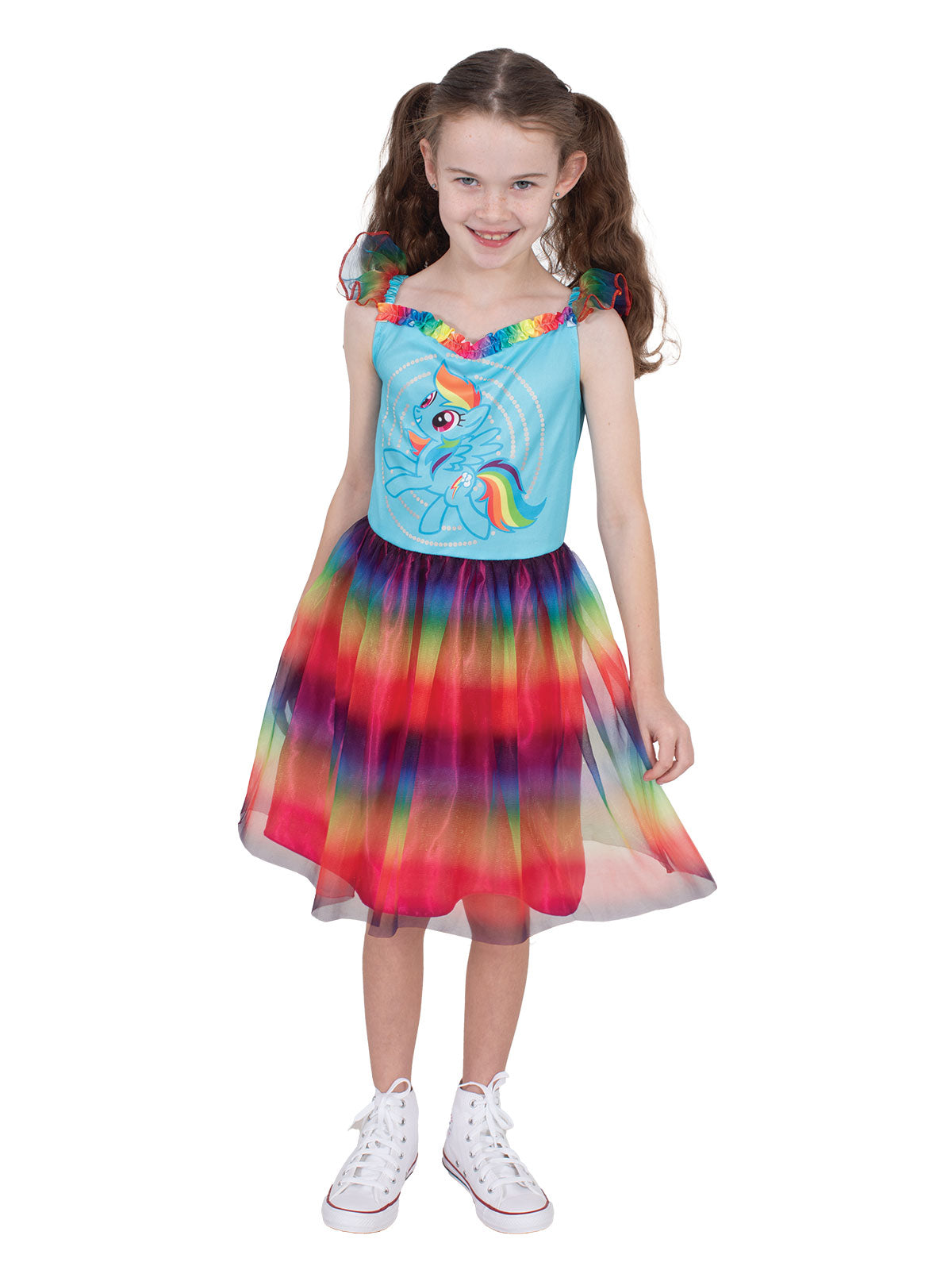 Girl twirling in the Rainbow Dash dress with rainbow satin and tulle layered skirt