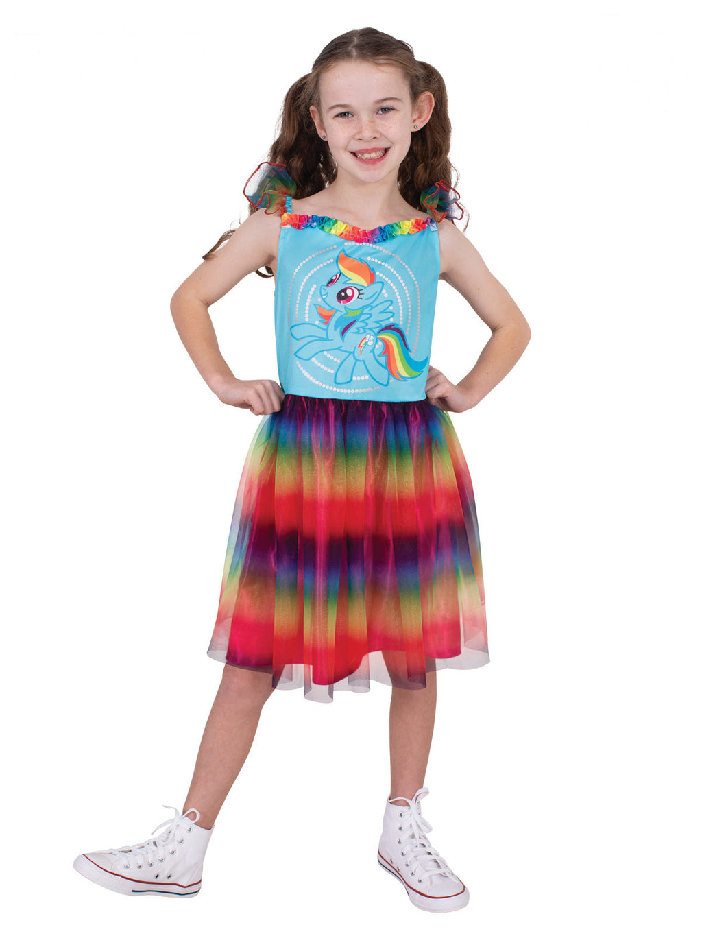 Girl in the Rainbow Dash My Little Pony dress with blue character bodice and rainbow tulle skirt