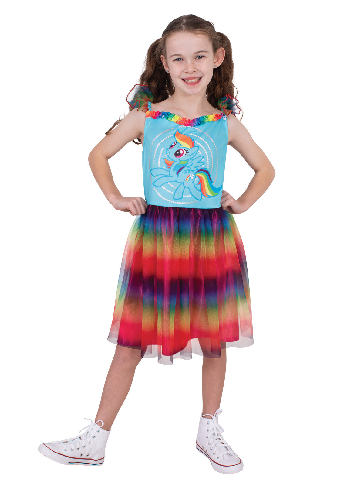 Girl in the Rainbow Dash My Little Pony dress with blue character bodice and rainbow tulle skirt