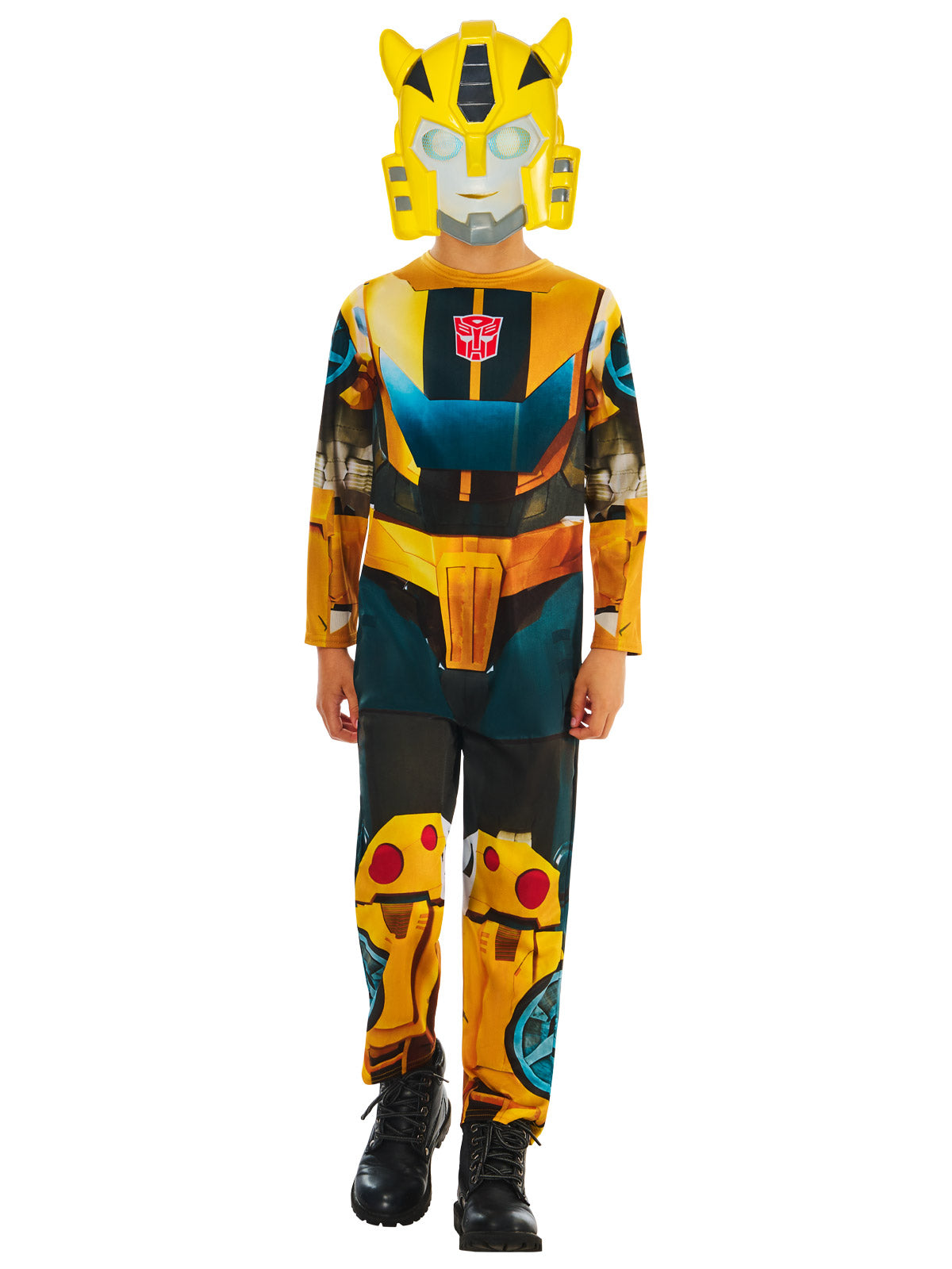 Boy wearing the Bumblebee printed jumpsuit and yellow plastic mask