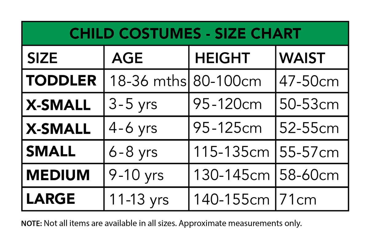 Size chart for the Bumble Bee Transformers Costume, Child