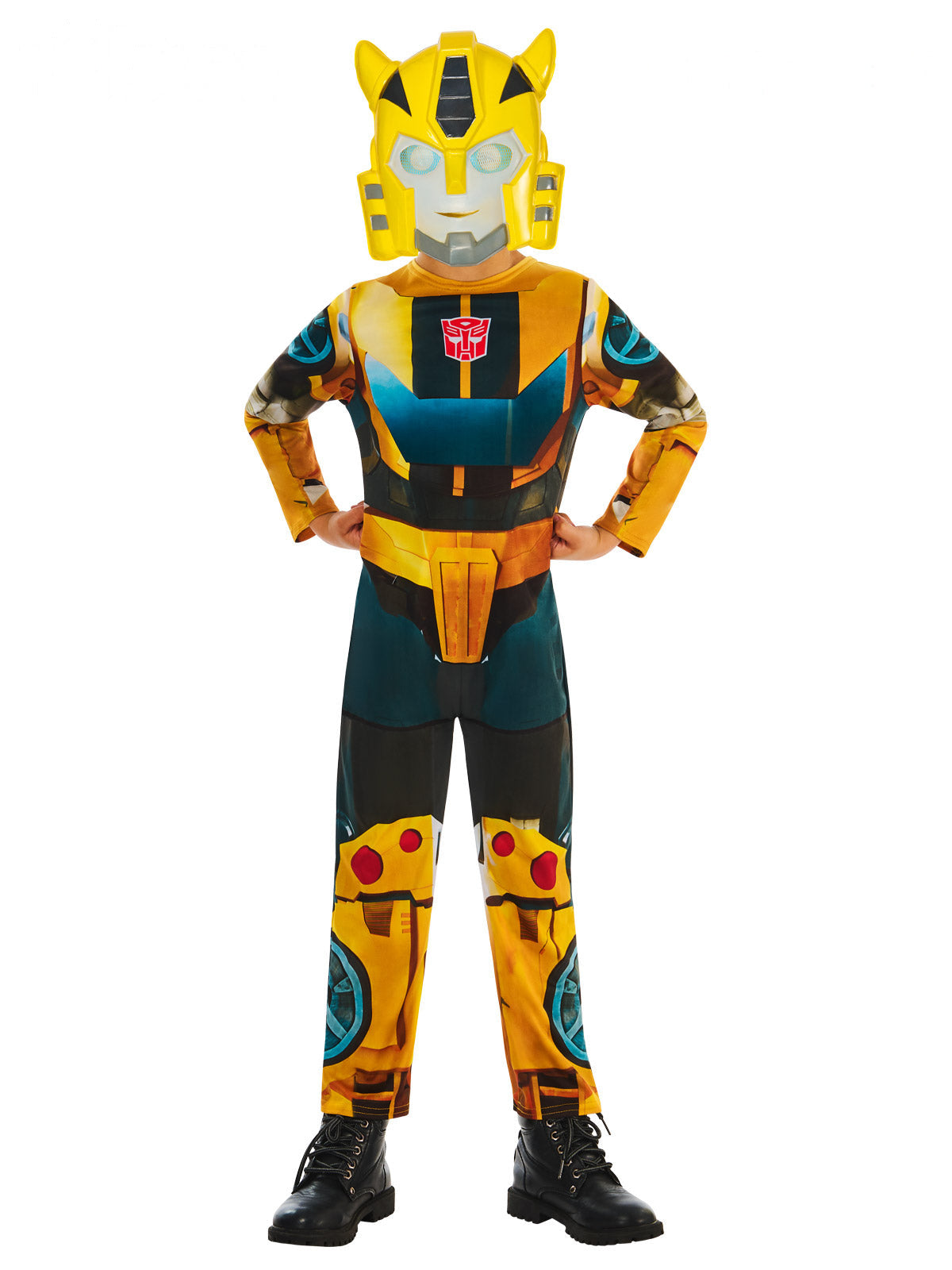 Boy in a Transformers Bumblebee printed jumpsuit with yellow robot armour and moulded yellow mask