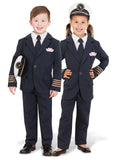Boy and girl in navy Qantas captain's uniforms with gold-striped cuffs, ties and captain's hat