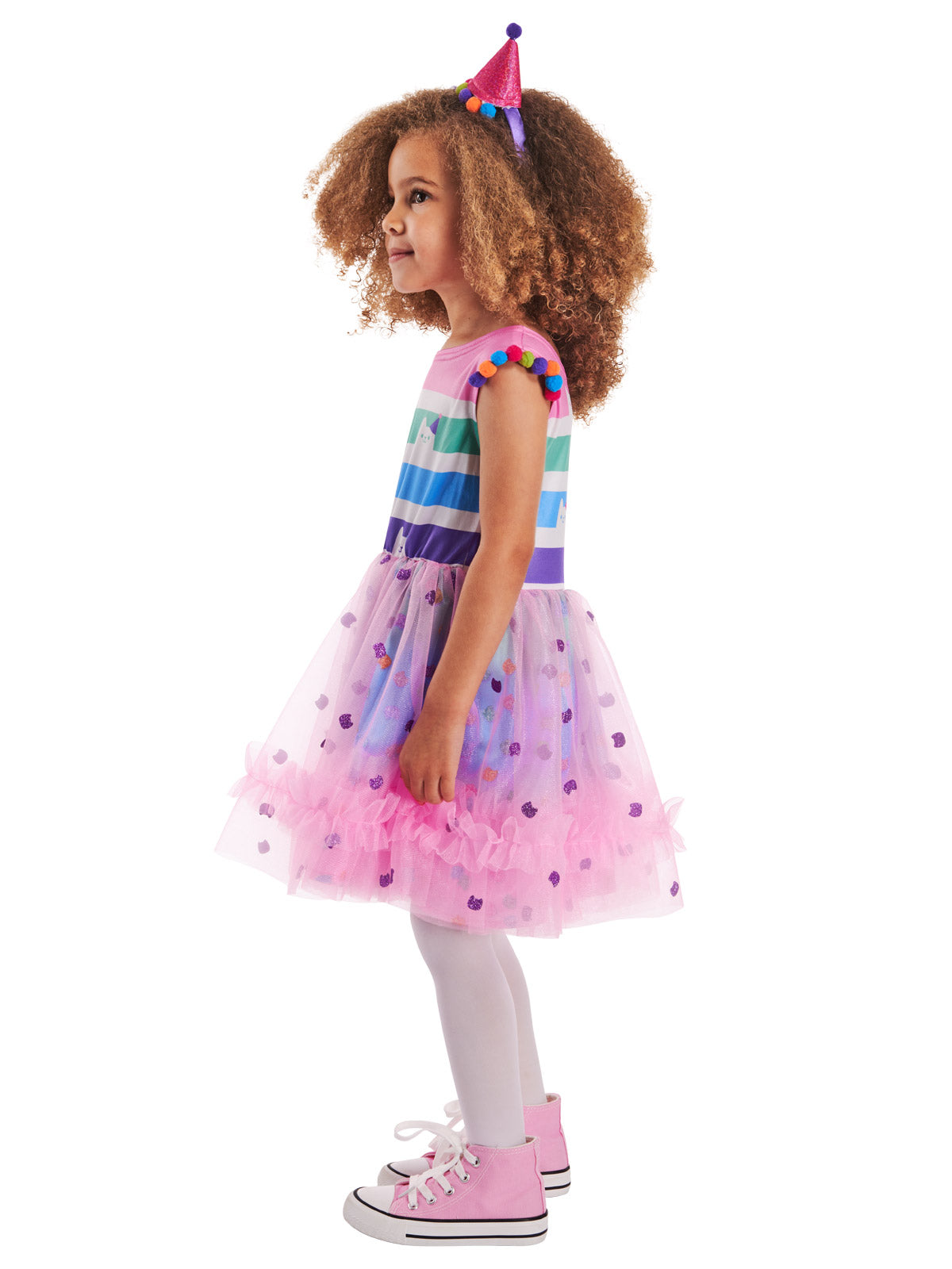 Side view of the Gabby's Party dress with a party hat headband and layered tulle skirt