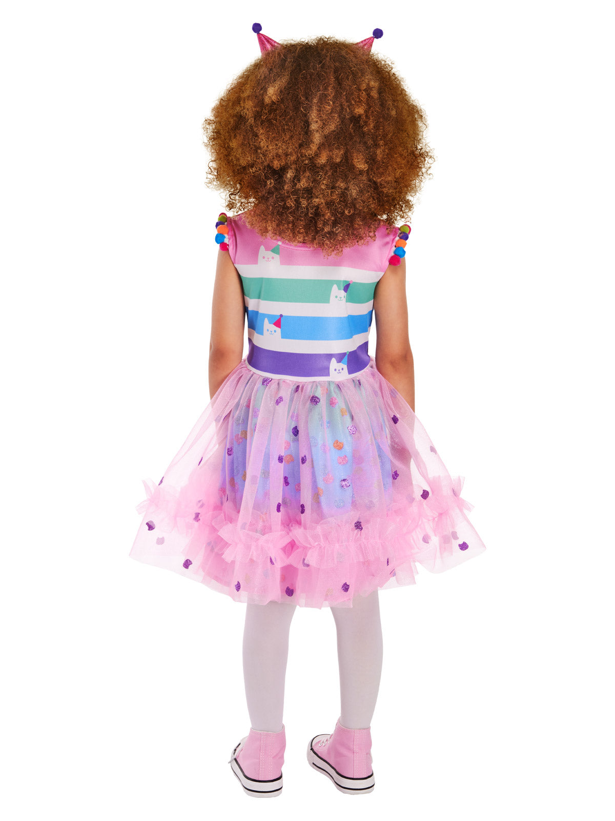 Back view of the Gabby's Party dress with pastel stripes and a pink starry tutu