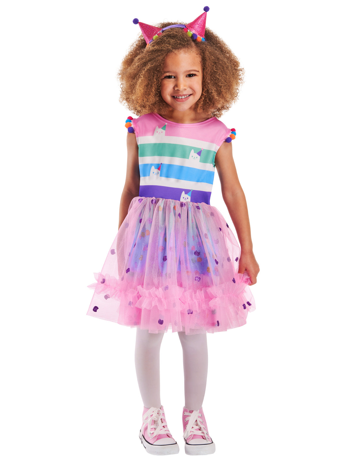 Girl in the Gabby's Dollhouse Party costume with a striped bodice, pink starry tutu skirt and cat ear headband