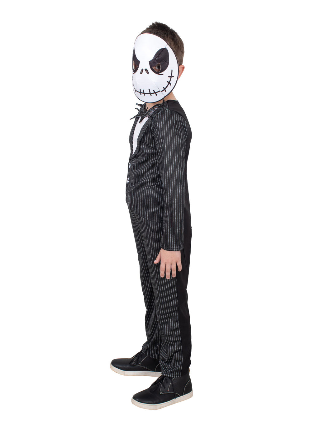 Side view of the Jack Skellington Deluxe pinstripe suit and skull mask