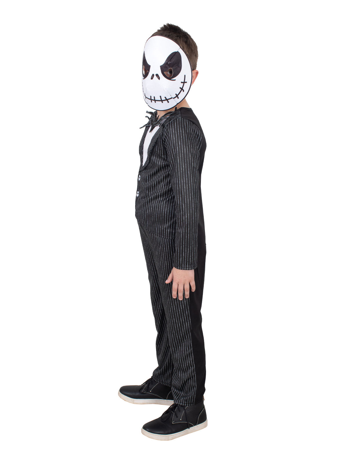 Side view of the Jack Skellington Deluxe pinstripe suit and skull mask